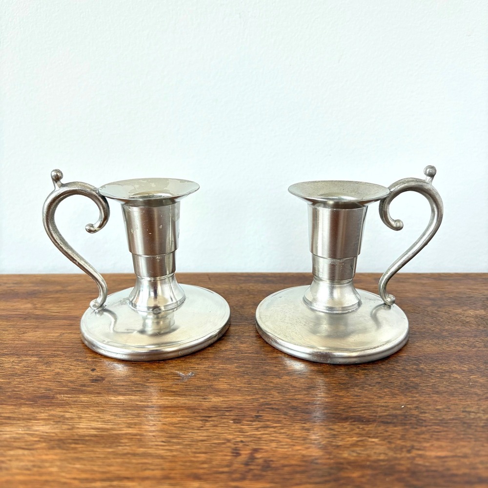 Vintage Pewter Chamberstick Candle Holders Set of 2 Finger Loop 3.25in